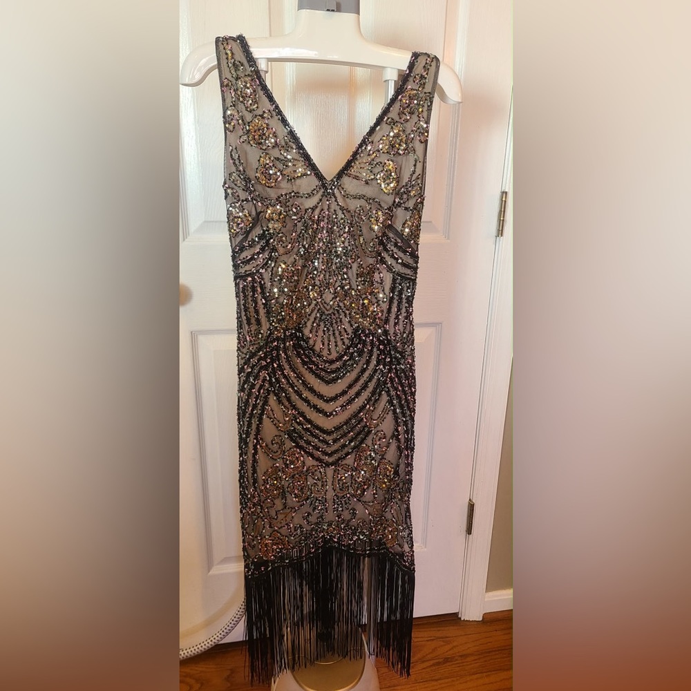 Embellished V-Neck Fringe Midi Dress in Black and Pink - Picture 3 of 16
